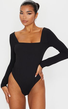 Black Square Neck Longsleeve Thong Bodysuit | PrettyLittleThing