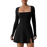 Amazon.com: QINSEN Womens Square Neck Double Lined Top Long Sleeve Athleisure Mini Dress Black L : Clothing, Shoes & Jewelry