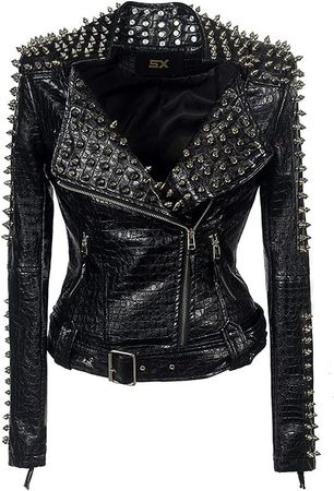 Fashion SX Women's Punk Studded Rivet Faux Leather Motorcycle Short Jacket at Amazon Women's Coats Shop