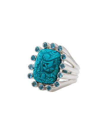 Stephen Dweck Carved Turquoise & Blue Topaz Ring
