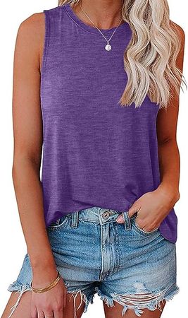 Bliwov Womens Tank Tops Crewneck Loose Fit Basic Solid Color Casual Summer Sleeveless Shirts Purple at Amazon Women’s Clothing store