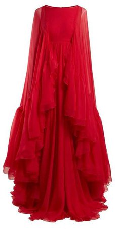 Cape Sleeved Ruffled Chiffon Gown - Womens - Pink