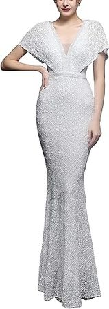 Amazon.com: Azuki Women's Short Sleeve Sequin Mermaid Evening Dress Double V Elegant Long Gown : Clothing, Shoes & Jewelry