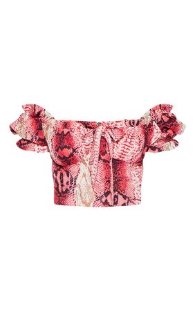 Pink Snake Print Woven Frill Bardot Crop Top | PrettyLittleThing USA
