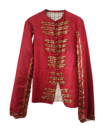 1930s French Theatre Costume Tunic Jacket Red Silk Gold Metal Thread Ribbon Brass Buttons Circus