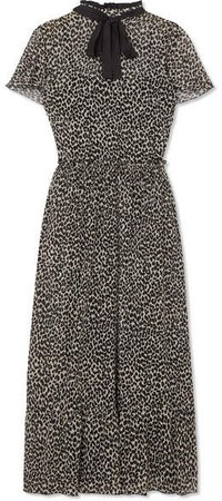 Pussy-bow Leopard-print Silk-blend Chiffon Midi Dress - Beige