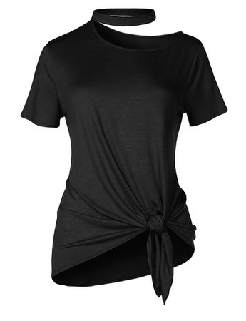 Casual Basic Cut Out Short Sleeve Front Self Tie Top Jersey T Shirt (C | LE3NO black