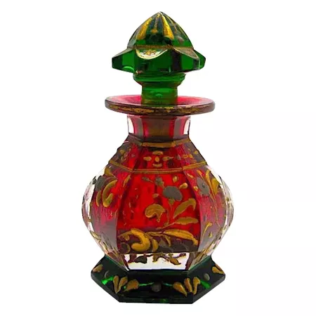 Rare Miniature Bohemian Ruby Red and Green Glass Perfume Bottle. : Grand Tour Antiques | Ruby Lane