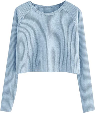 SweatyRocks Women's Casual Solid Ribbed Knit Raglan Long Sleeve Crop Top T Shirt Blue S at Amazon Women’s Clothing store