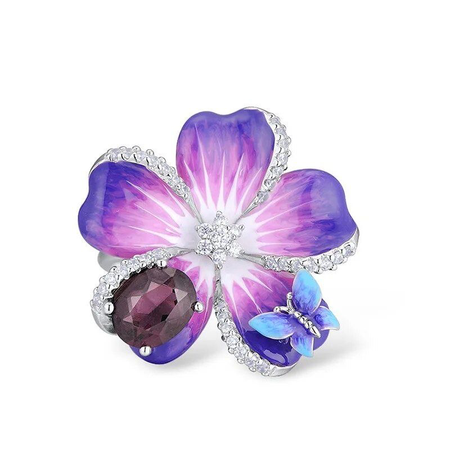 Exquisite Luxury 925 Silver Ladies Ring Purple Flower Butterfly Ring Purple Zircon Fashion Handmade Enamel Womens Rings