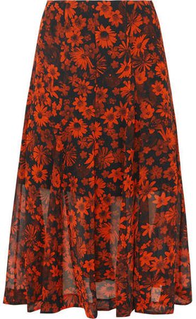 Pleated Floral-print Silk-chiffon Midi Skirt - Orange