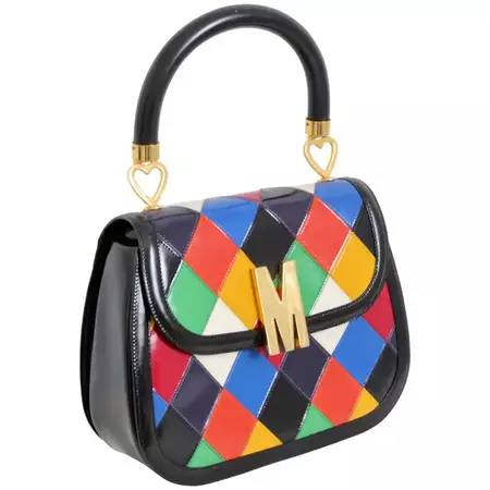 Rare Moschino Leather Bag Harlequin Patch Top Handle with Shoulder Strap Italy at 1stDibs | harlequin holds the bag, moschino bag strap, harlequin bag