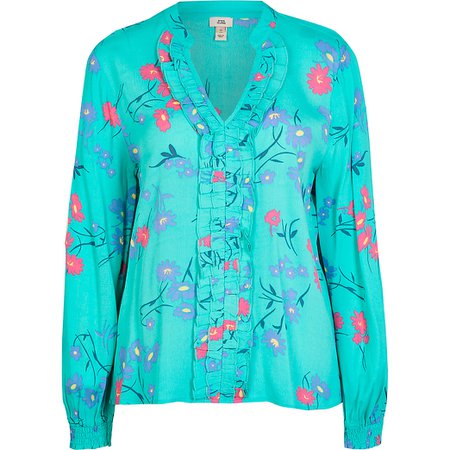 Turquoise ruffled front blouse | River Island