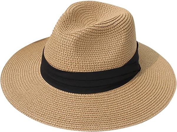 Lanzom Women Wide Brim Straw Panama Roll up Hat Fedora Beach Sun Hat UPF50+ (Z-Beige Ribbon Brown) at Amazon Women’s Clothing store