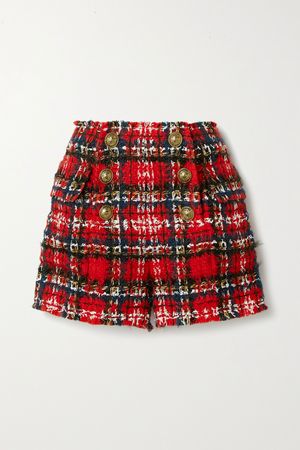 Red Frayed checked tweed shorts | Balmain | NET-A-PORTER