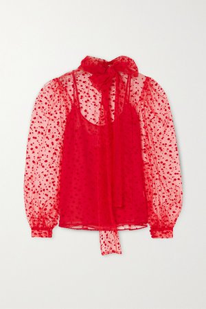 Red Pussy-bow polka-dot flocked tulle blouse | Costarellos | NET-A-PORTER