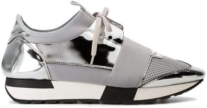 Grey and Silver Race Runner Leather Sneakers