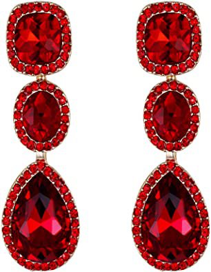 EVER FAITH Women's Crystal Gorgeous Party Square Oval Teardrop Dangle Earrings Red Gold-Tone