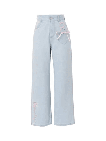 jeans lace heart bow blue pink cute pastel kpop