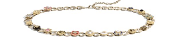 Belt, metal, glass pearls, strass & resin, gold & multicolor - CHANEL