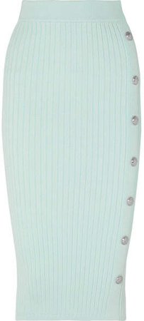 Button-embellished Ribbed Stretch-knit Midi Skirt - Light green