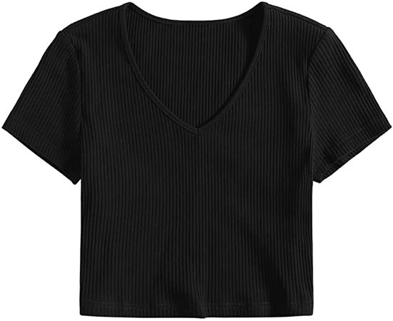 SweatyRocks Women's V Neck Short Sleeve Crop Top Lettuce Trim Ribbed Knit T-Shirt at Amazon Women’s Clothing store