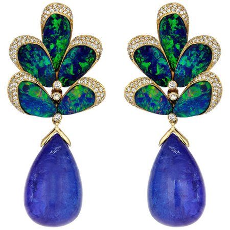 Gold Diamond Tanzanite Doublet Opal Peacock Earrings For Sale at 1stdibs