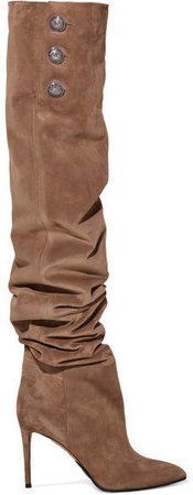 Janet Button-embellished Suede Thigh Boots - Taupe