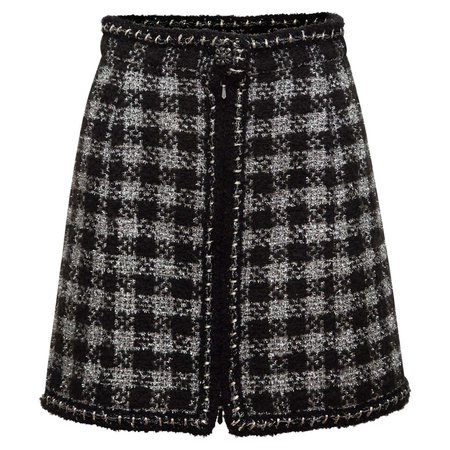 Chanel Black and Silver Gingham Tweed Skirt