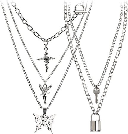 Amazon.com: BVROSKI Lock Key Pendants Chains Necklace Set for Eboy Egirl Men Male Emo Goth Women Teen Girls Boys Jewelry Pack for Pants Punk Play (Butterfly 3pcs + Key Lock Silver (5 layer)): Clothing