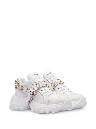 Miu Miu Crystal-Embellished Buckle Sneakers 5E773CF0753L2I White | Farfetch