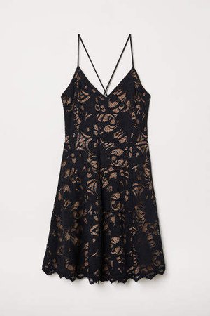 Lace V-neck Dress - Black