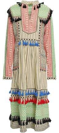 Tassel-trimmed Embroidered Cotton-gauze Midi Dress