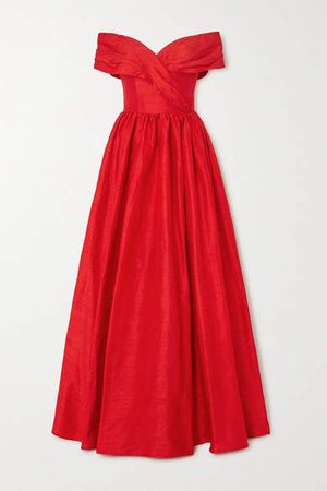Off-the-shoulder Silk-shantung Gown - Red