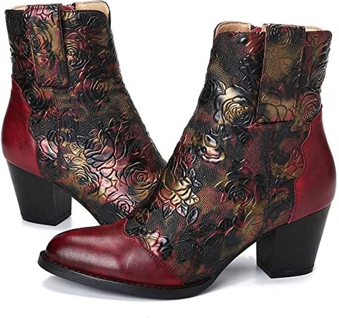 Amazon.com | gracosy Block Heel Ankle Booties, Women's Leather Ankle Boots Bohemian Splicing Pattern Side Zipper High Block Heel Ankle Leather Shoes Red-s 6 M US | Ankle & Bootie