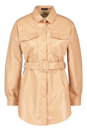 Oversized Belted Pu Utility Jacket | Boohoo beige