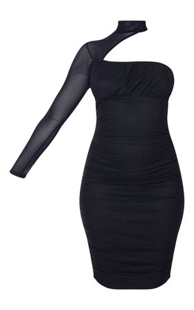 Black Mesh High Neck One Shoulder Bodycon Dress | PrettyLittleThing USA