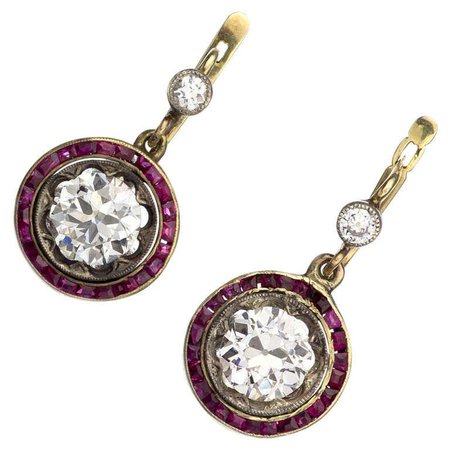 1890s Belle Epoque Diamond Ruby Platinum Yellow Gold Earrings For Sale at 1stDibs