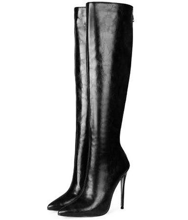 black leather knee high heeled boots