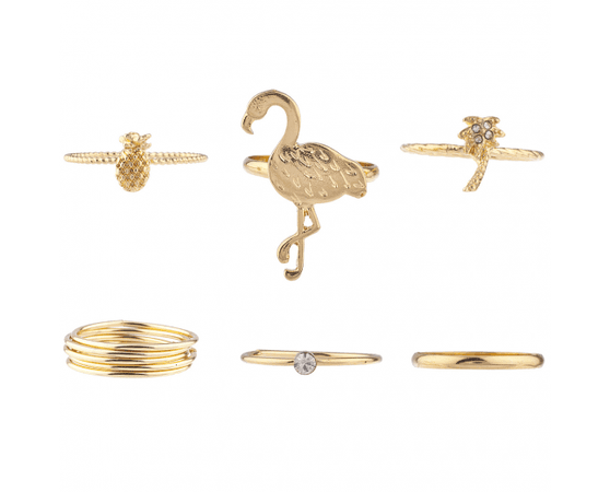 Gold Tone Crystal Tropical Flamingo Pineapple Palm Tree Ring Set - Rings