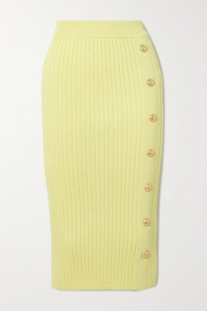 Yellow Button-embellished ribbed stretch-knit midi skirt | Balmain | NET-A-PORTER