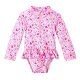 Baby Girl's Long Sleeve Ruffled One Piece Swimsuit | Sun Protection Swim Suit | UV Skinz™