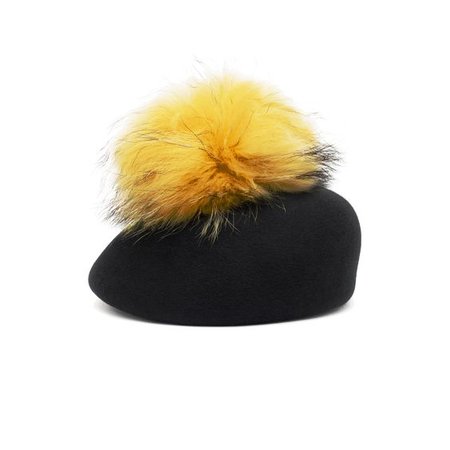 COCO Black brushed wool felt blocked beret with yellow raccoon pom | Eugenia Kim