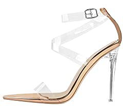 Amazon.com | MissHeel Women’s Clear Band Thin Heeled Sandals Strappy Stiletto Heels Hologram Ankle Strap Pointy Open Toe High Heels Size 9 | Heeled Sandals