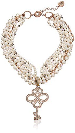 Betsey Johnson "Wanderlust" Pave Key and Faux Pearl Torsade Pendant Necklace, 18" + 4" Extender: Clothing