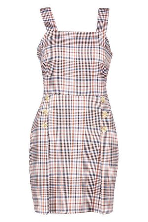 Woven Check Button Pleated Pinafore Dress | Boohoo