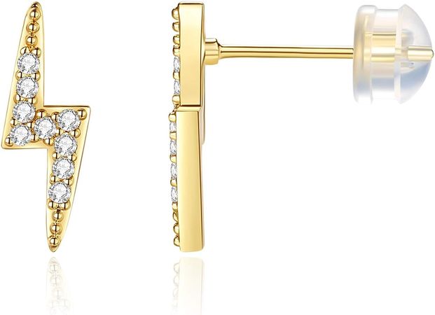 Amazon.com: 14K Gold Plated Sterling Silver CZ Lightning Bolt Stud Earrings - Cubic Zirconia Diamond Thunder Dainty Earrings Hypoallergenic for Women Little Girls: Clothing, Shoes & Jewelry