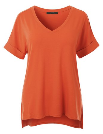 LE3NO Womens Casual Loose Fit V-Neck Short Sleeve Stretchy Tunic Top | LE3NO orange