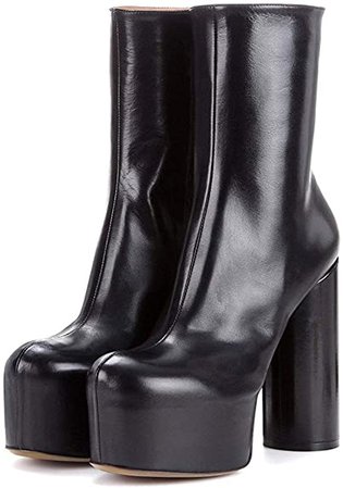 (Black Leather) FSJ Women Gorgeous Platform Ankle Boots Closed Round Toe Chunky High Heel Pull On Shoes Size 4 Black | Ankle & Bootie