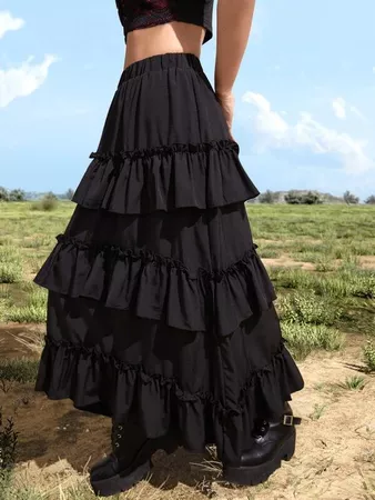 ROMWE Goth Solid Ruffle Hem Layered Skirt | SHEIN USA